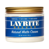 Layrite Natural Matte Cream bottle close-up showing lightweight hold for everyday styling.