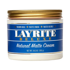 Layrite Natural Matte Cream bottle close-up showing lightweight hold for everyday styling.