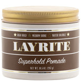 Layrite Super Hold Pomade bottle front shows high-hold styling