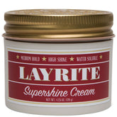 Layrite Supershine Cream bottle pouring for smooth, high-shine styling.