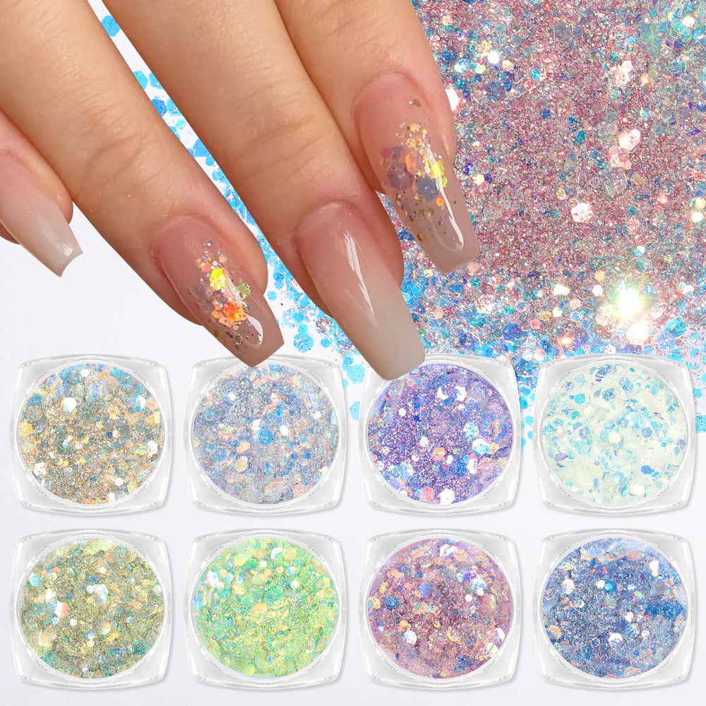 Laza 8 Colors nail art glitter jars iridescent sparkle for nails.