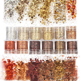 Laza Autumn Nail Glitter container shows 12 colors for nail art sparkle