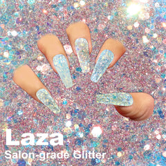 Laza nail art glitter close-up reveals multi-dimensional reflections for designs.