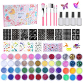 LCDGTJ temporary tattoo kit contents with 42 glitters and 209 stencils for party art