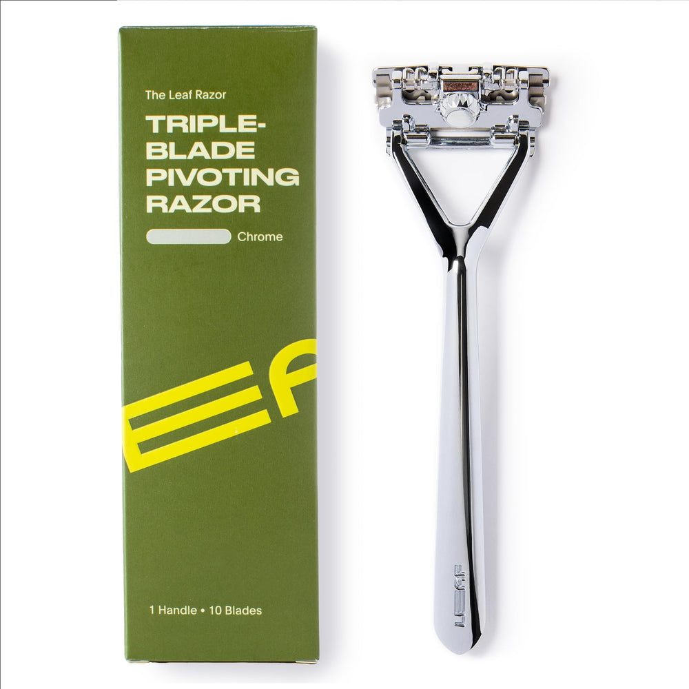 Leaf Shave chrome all-metal razor front view highlights durable safety design for long-lasting use