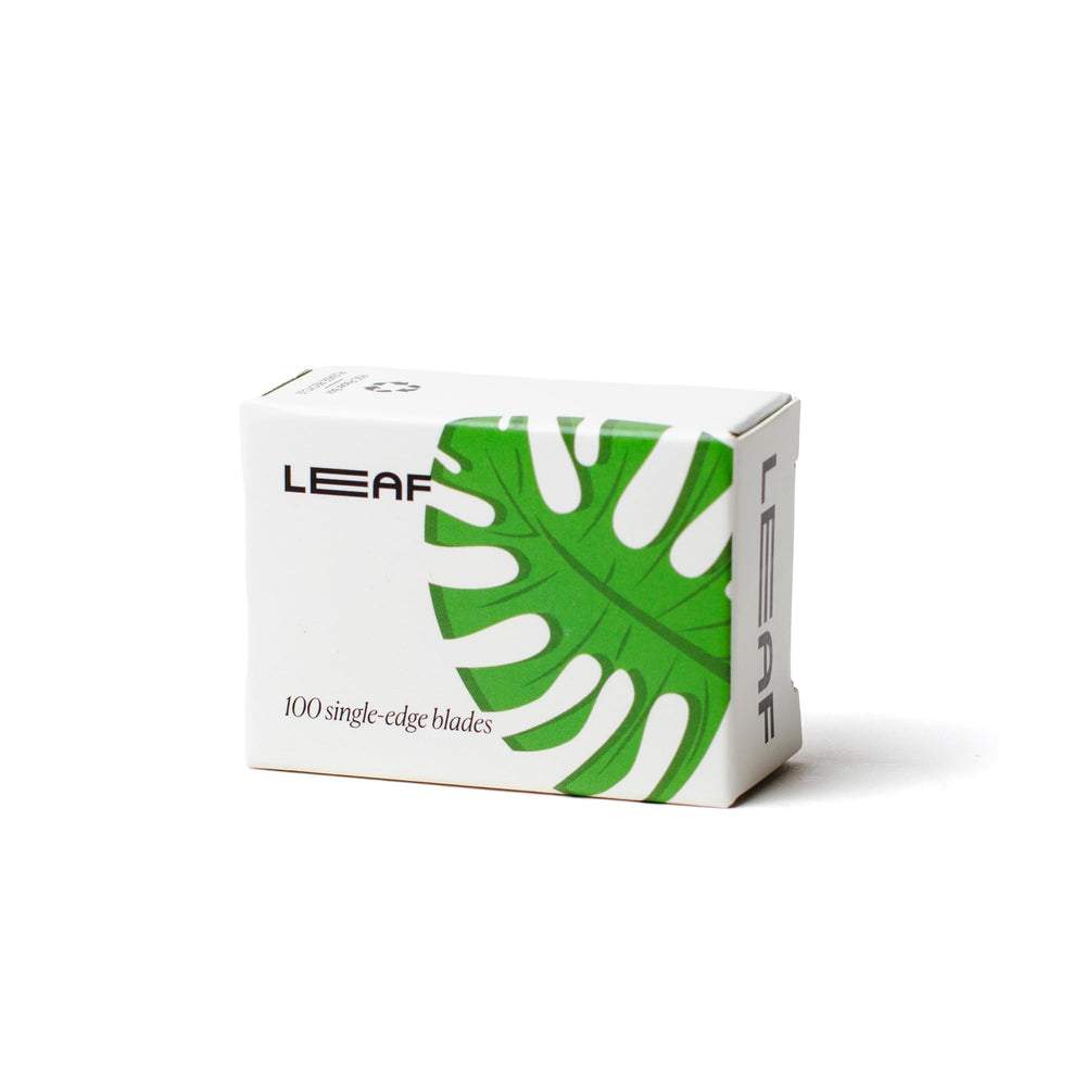 Leaf Shave platinum-coated stainless steel blades in a 100-count pack for smooth shaves