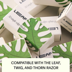 Leaf Shave platinum-coated stainless steel blade emphasizes durability for long shaves.