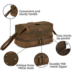 LEATHER VILLAGE Dopp Kit bottom compartment stores larger items like toothpaste or shaving cream