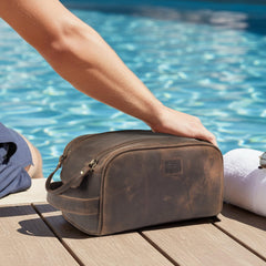 Leather Village Dopp Kit brown side view highlighting compact size for efficient packing.