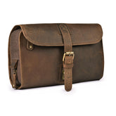 LEATHER VILLAGE hanging leather toiletry bag, closed view, organized travel potential