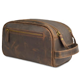 Leather Village premium leather toiletry pouch close-up showing durable buffalo leather texture for travel.