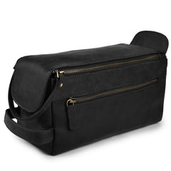 LEATHER VILLAGE premium toiletry bag closed view highlights durable full-grain leather for travel
