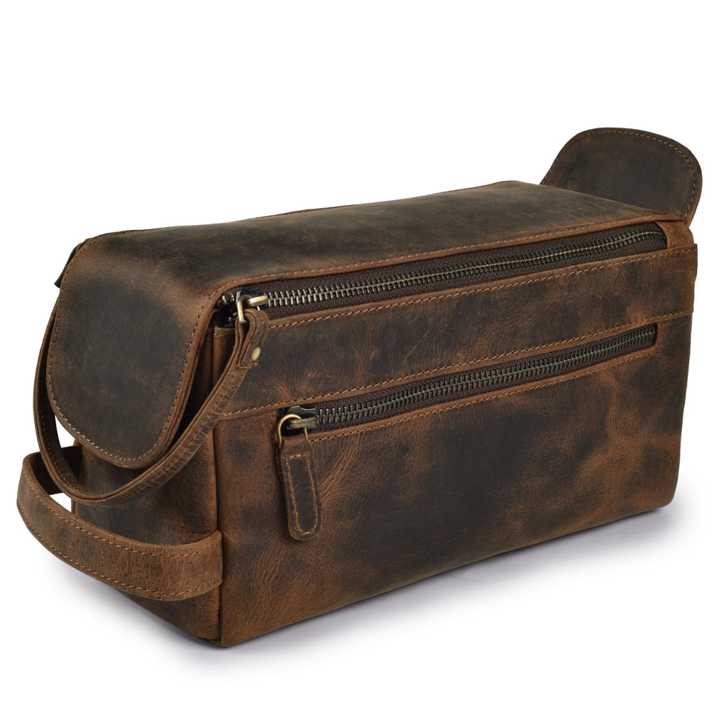 Leather Village Premium Leather Travel Toiletry Bag front view highlights rugged durability and vintage luxury