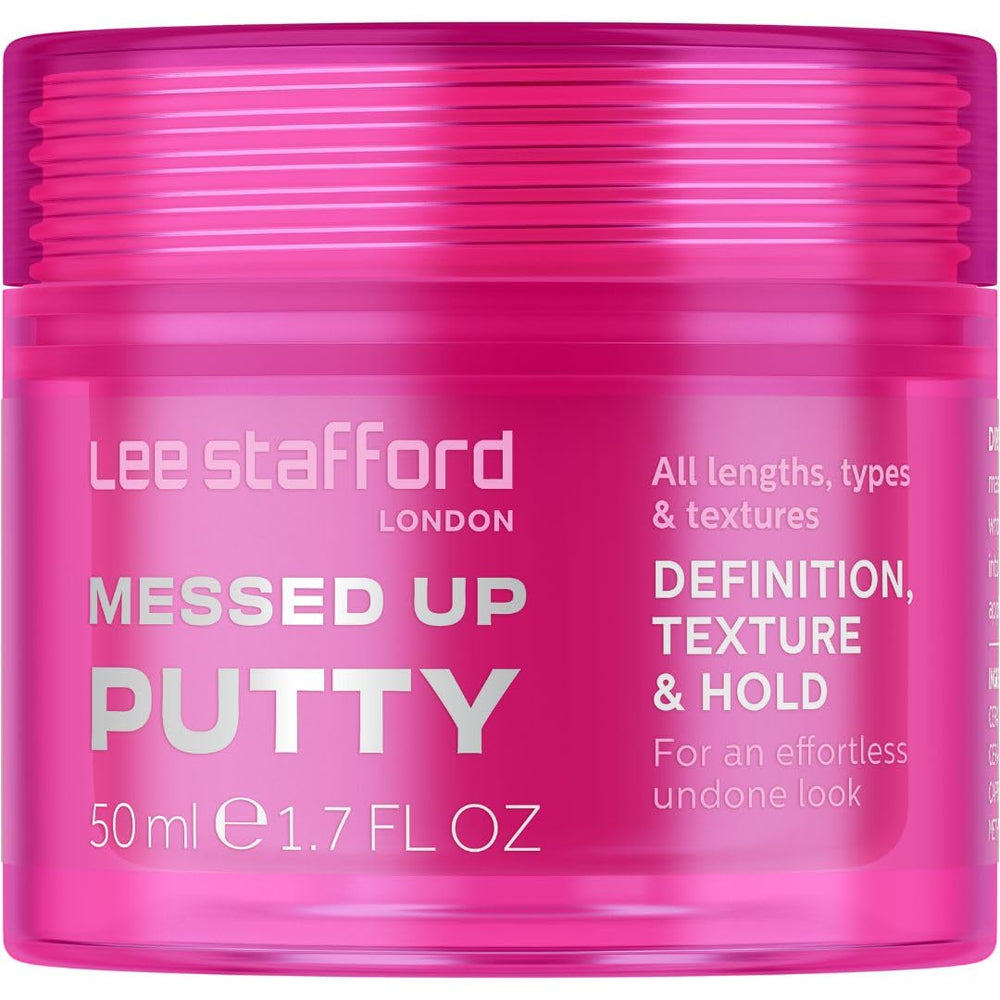 Lee Stafford Messed Up Putty packshot showing instant definition for textured looks.