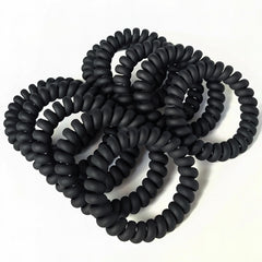 Leenchiry spiral hair ties matte black stretch demo shows secure fit without snag.