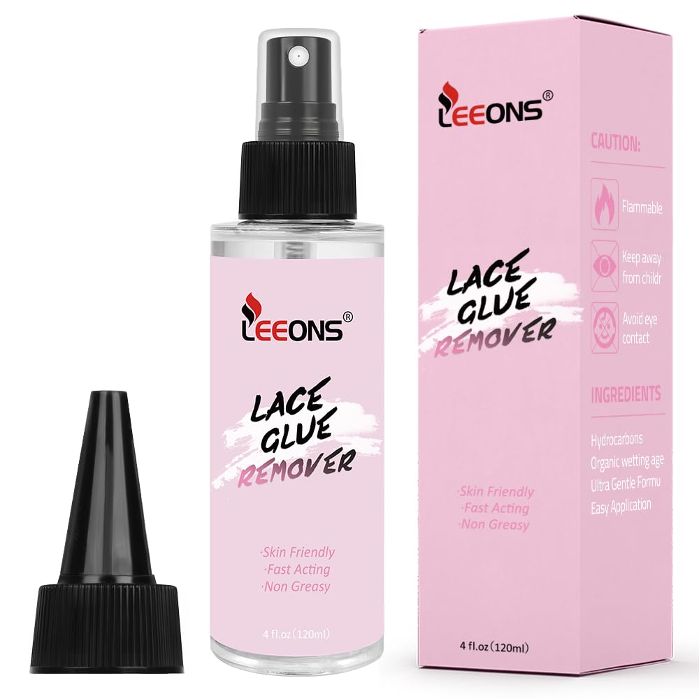 LEEONS 4oz lace wig remover bottle demonstrates fast, gentle cleaning for tape-in extensions.