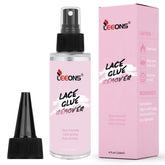 LEEONS 4oz lace wig remover bottle demonstrates fast, gentle cleaning for tape-in extensions.