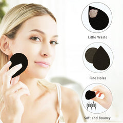 Leeshine round foundation sponge demonstrates adaptability to nose and eye areas.