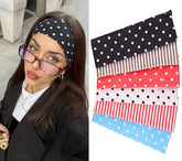 Leeven Polka Dot Headband closeup shows soft elastic fabric for all-day comfort.