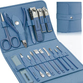 Leipple manicure set blue leather case front view for organized on-the-go grooming.