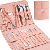 Leipple manicure set leather case open with 16 stainless steel tools for precise grooming on thick nails.