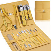 Leipple manicure set front view in yellow leather case for premium grooming on the go