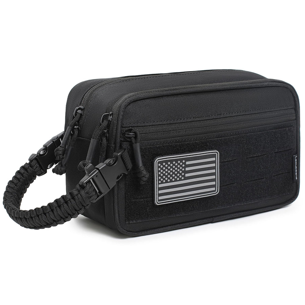 Lemubeane tactical toiletry bag front view highlights rugged durability for outdoor travel