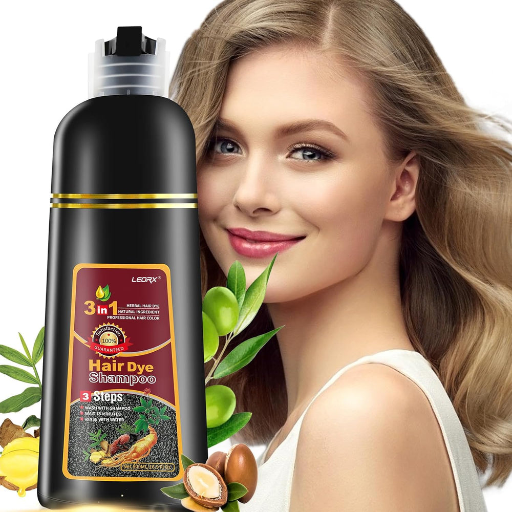 Leorx Chestnut Brown Hair Dye Shampoo bottle shows color-ready formula for at-home use