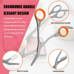 LePinko eyebrow trimming scissors with combs — side grip for comfortable styling.