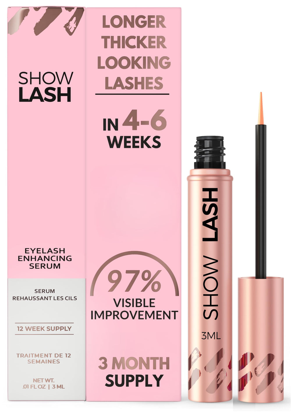LeVaye Show Lash Serum bottle closeup with precise applicator for daily lash conditioning.