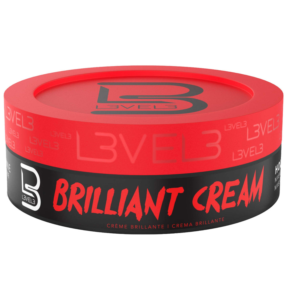 Level 3 Brilliant Cream bottle closeup shows hydrating formula for sleek looks and lasting hold