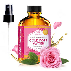 Leven Rose 24K Gold Rose Water Toner bottle with gold accents for radiant skin prep.