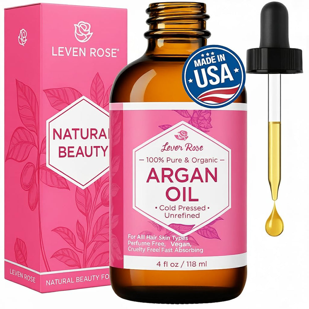 Leven Rose Argan Oil bottle in amber glass for pure Moroccan nourishment.