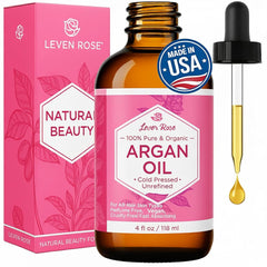 Leven Rose Argan Oil bottle in amber glass for pure Moroccan nourishment.