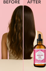 Argan oil on hair ends demonstrates frizz reduction and shine.