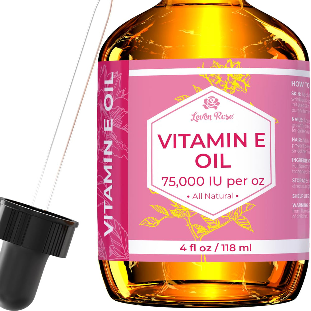 Leven Rose Vitamin E Oil bottle pour offers easy, hydrating application.