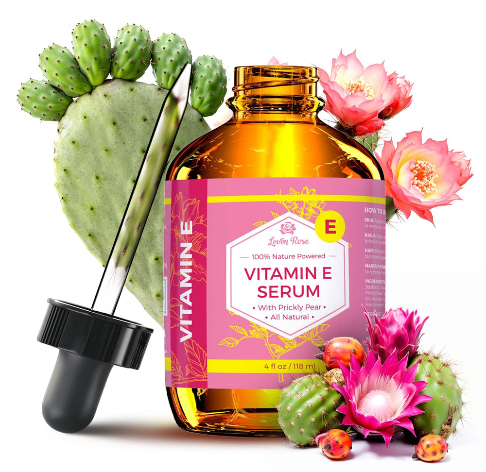 Leven Rose Vitamin E Oil Serum bottle closeup shows rich hydration for skin.