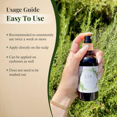 Lia Organics rosemary scalp closeup highlights lightweight, non-greasy formula.