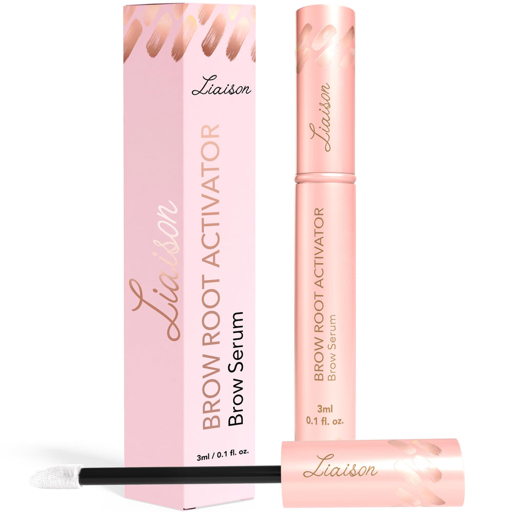 Liaison Brow Growth Serum bottle close-up promotes nourished follicles for fuller brows.