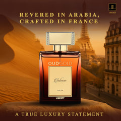 Liberty OudGold Intense bottle-side showcases premium bottle design and lasting impression.