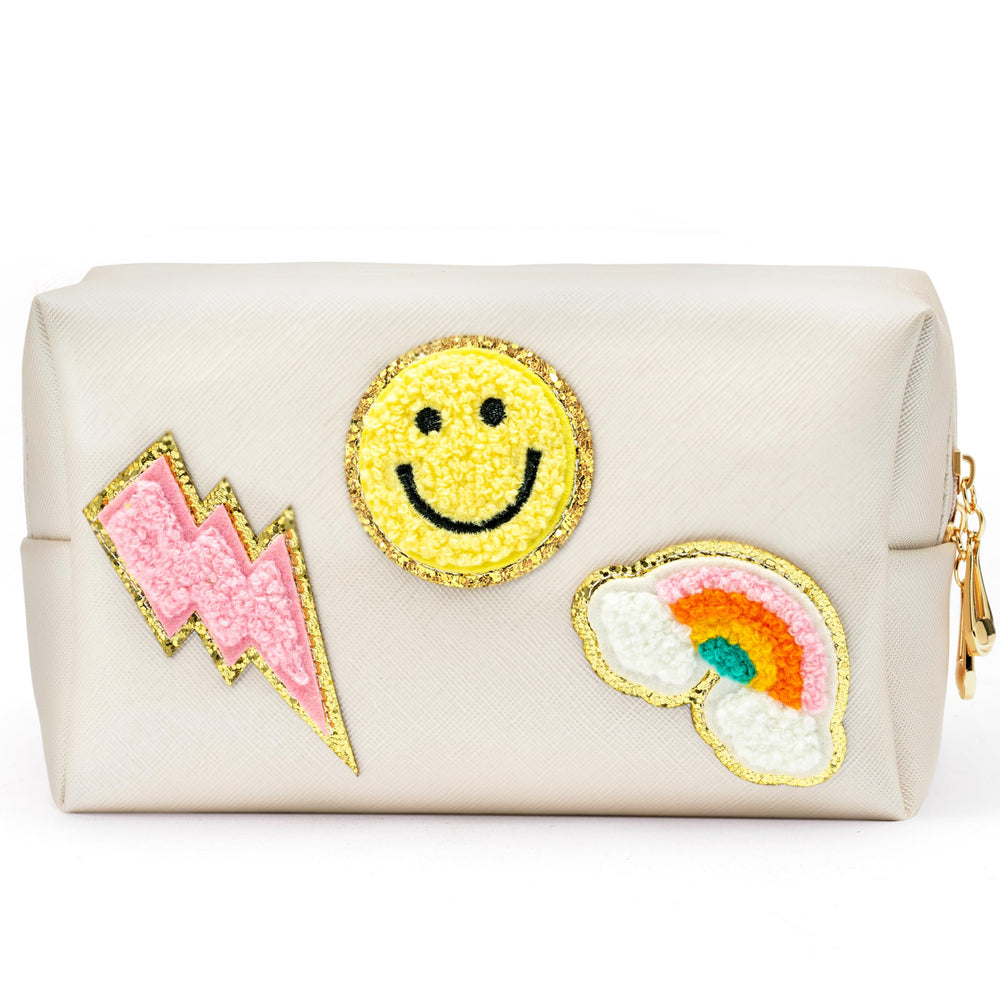 LieToi Preppy Patch bag with smile print keeps cosmetics organized on the go