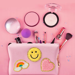 LieToi Preppy Patch bag with smile pattern highlights mood-lifting daily makeup storage