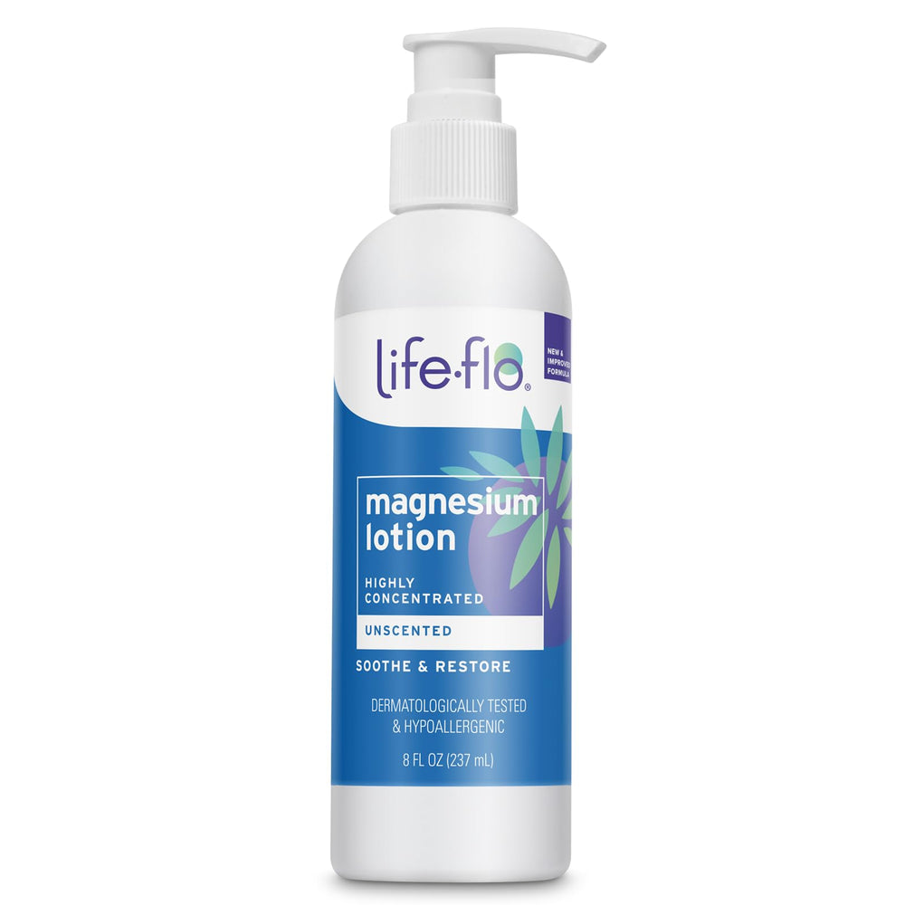 Life-Flo Magnesium Lotion pump bottle for quick, soothing body massages.
