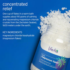 LIFE-FLO Pure Magnesium Bath Flakes jar ready for easy unscented soaks.