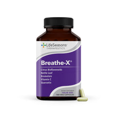 LifeSeasons Breathe-X bottle label highlights non-drowsy allergy relief support for nasal comfort.