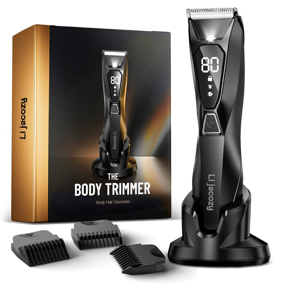 Lijecozy Cosmic Black Body Trimmer display shows battery status for cordless grooming convenience