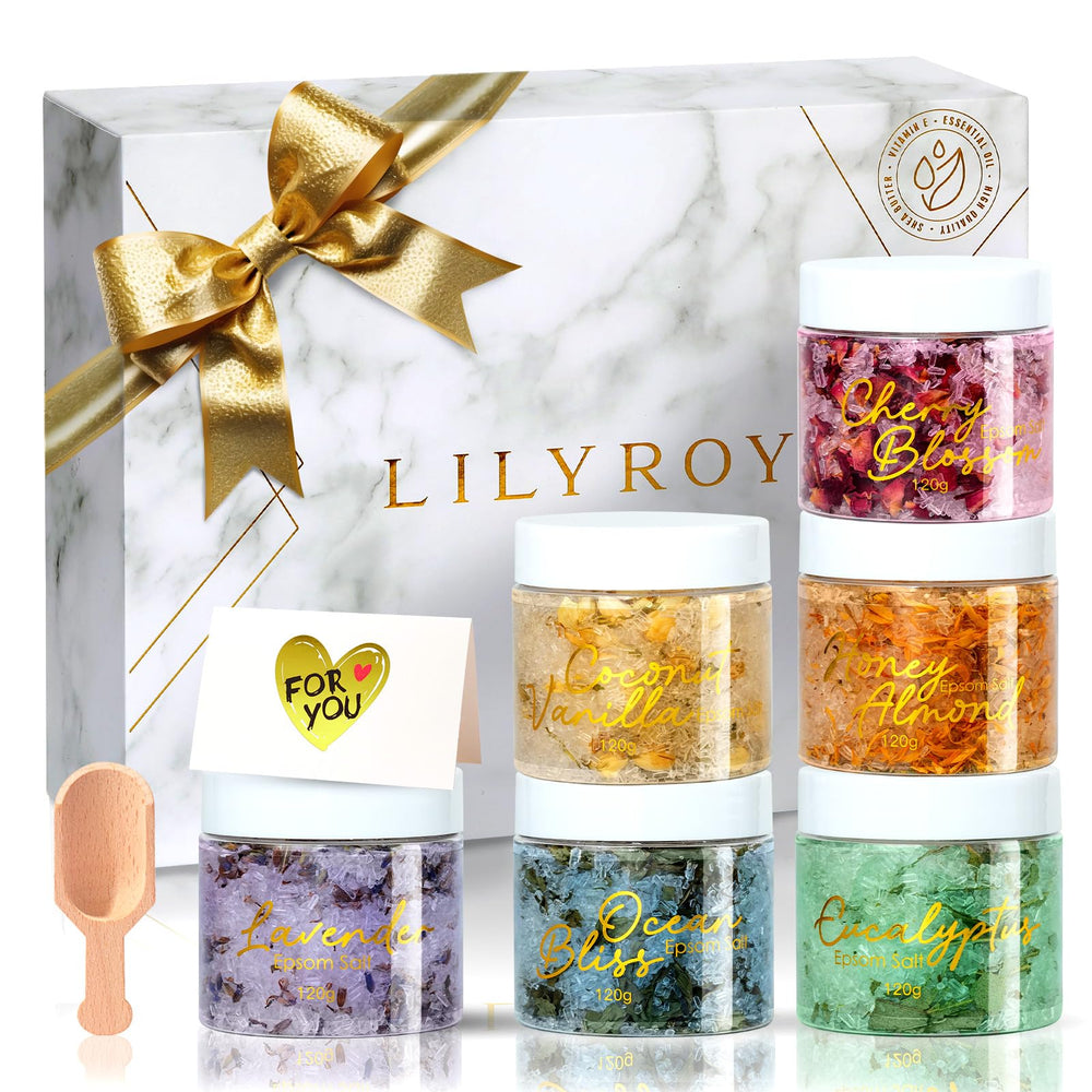 LILY ROY nine-piece floral Epsom salt gift set in a box for a relaxing bath ritual