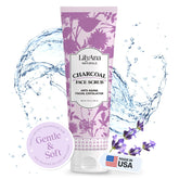 LilyAna Naturals charcoal scrub jar closeup shows exfoliating texture for radiant skin