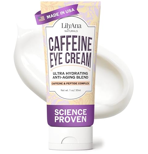 LilyAna Naturals caffeine eye cream bottle shows hydrating depuffing care.