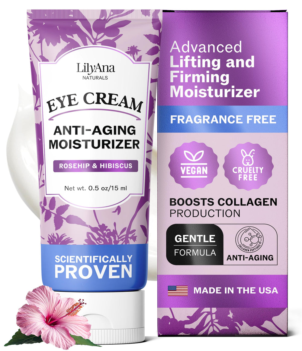 LilyAna Naturals Eye Cream tube closeup highlights soothing hydration for tired eyes.